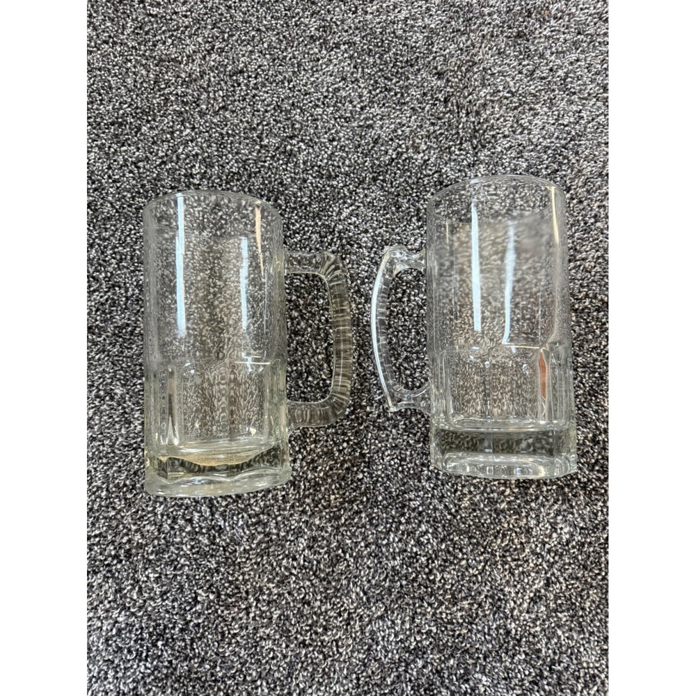 Set of 2 Heavy Clear Glass Beer Mugs Paneled Base 6 Inch Steins